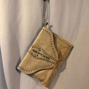 Beige Studded Clutch Chain Strap Wristlet Silver Hardware Women’s